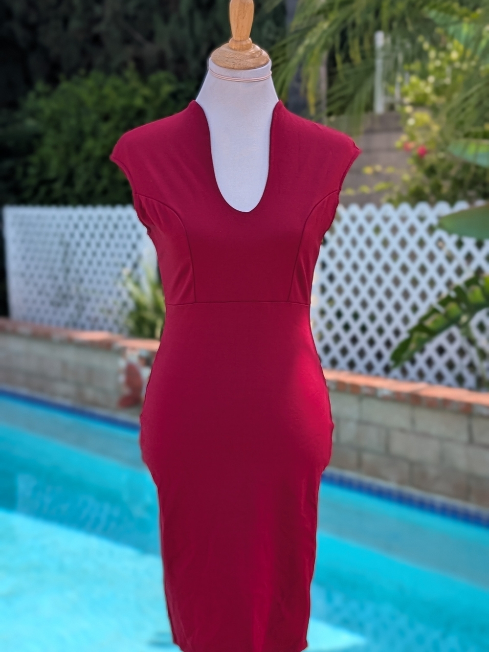 Cap-Sleeve V-Neck Midi Dress in Wine